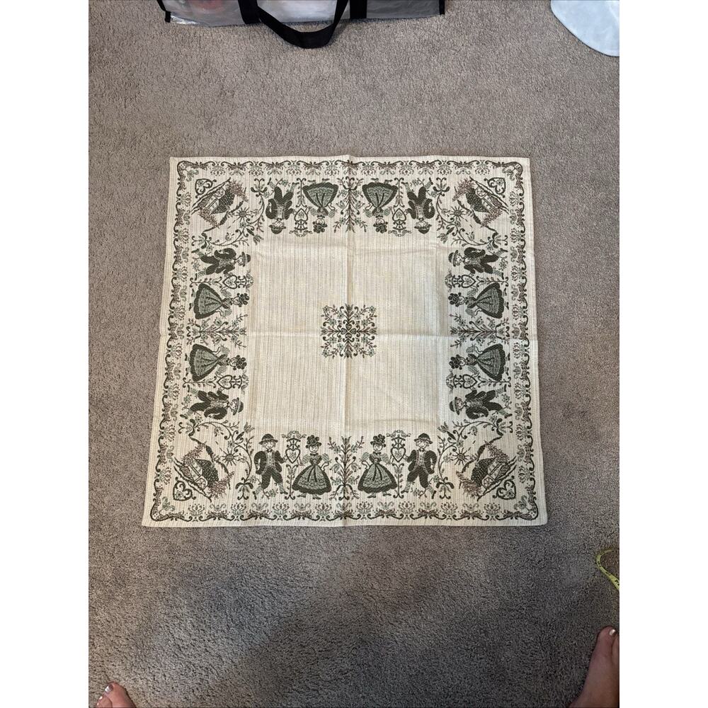 Vintage Austrian Folk Art Tablecloth Cotton Linen 31”x31” Green Tyrol Gerl